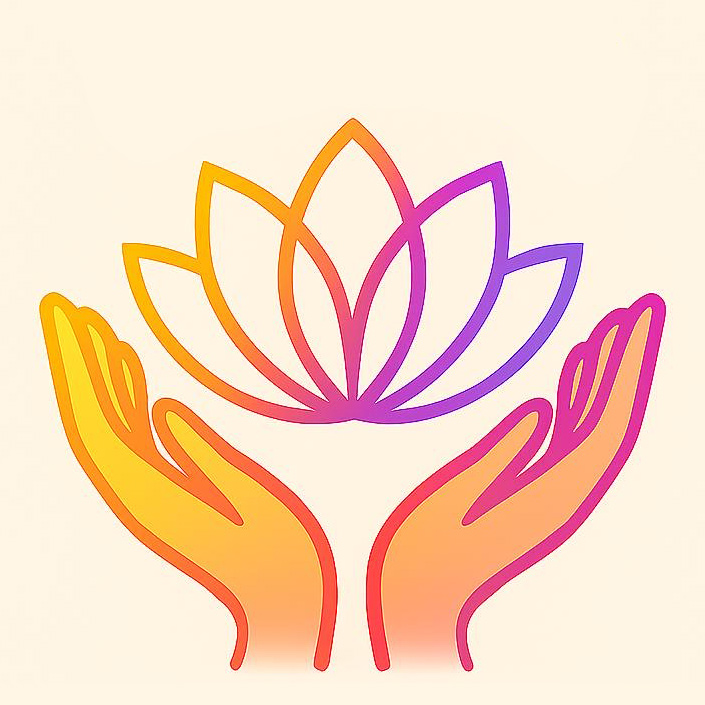 Hands holding dalia flower outline in rainbow colours